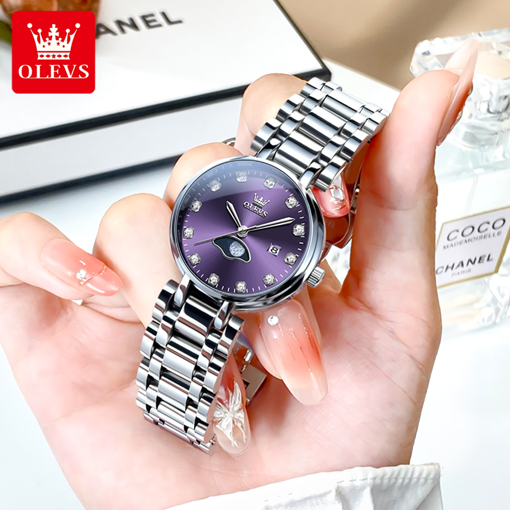 Luxury Watch Moon Phase - OLEVS элегантные модные фиолетовые кварцевые часы